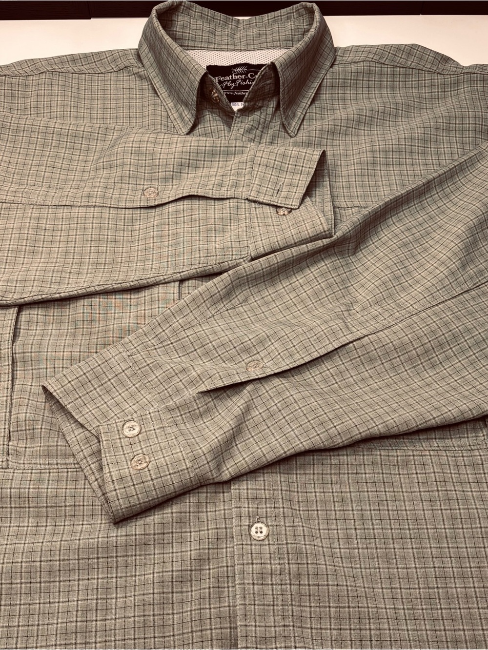 Feather Craft Fly Fishing Vintage Men's Sage Green Plaid Performance Shirt EUC